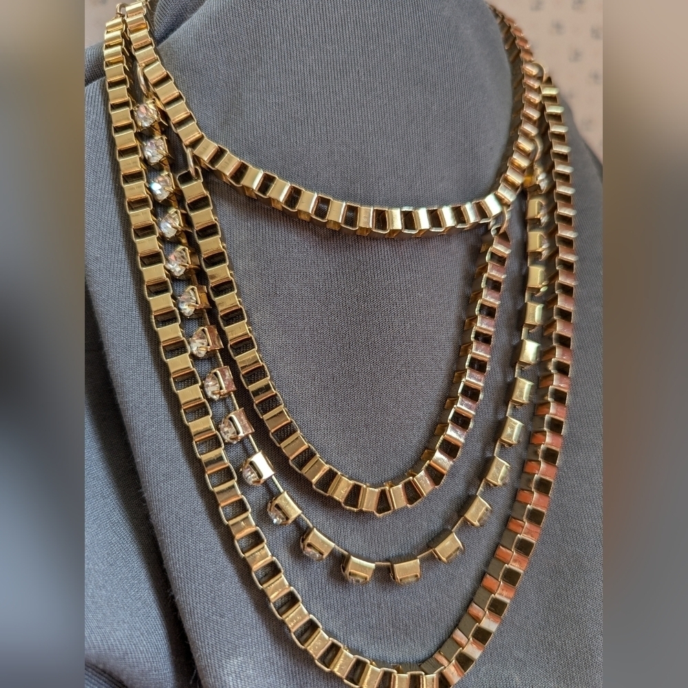 Vintage necklace 4 strand box chain rhinestone 11" lobster clasp gold tone